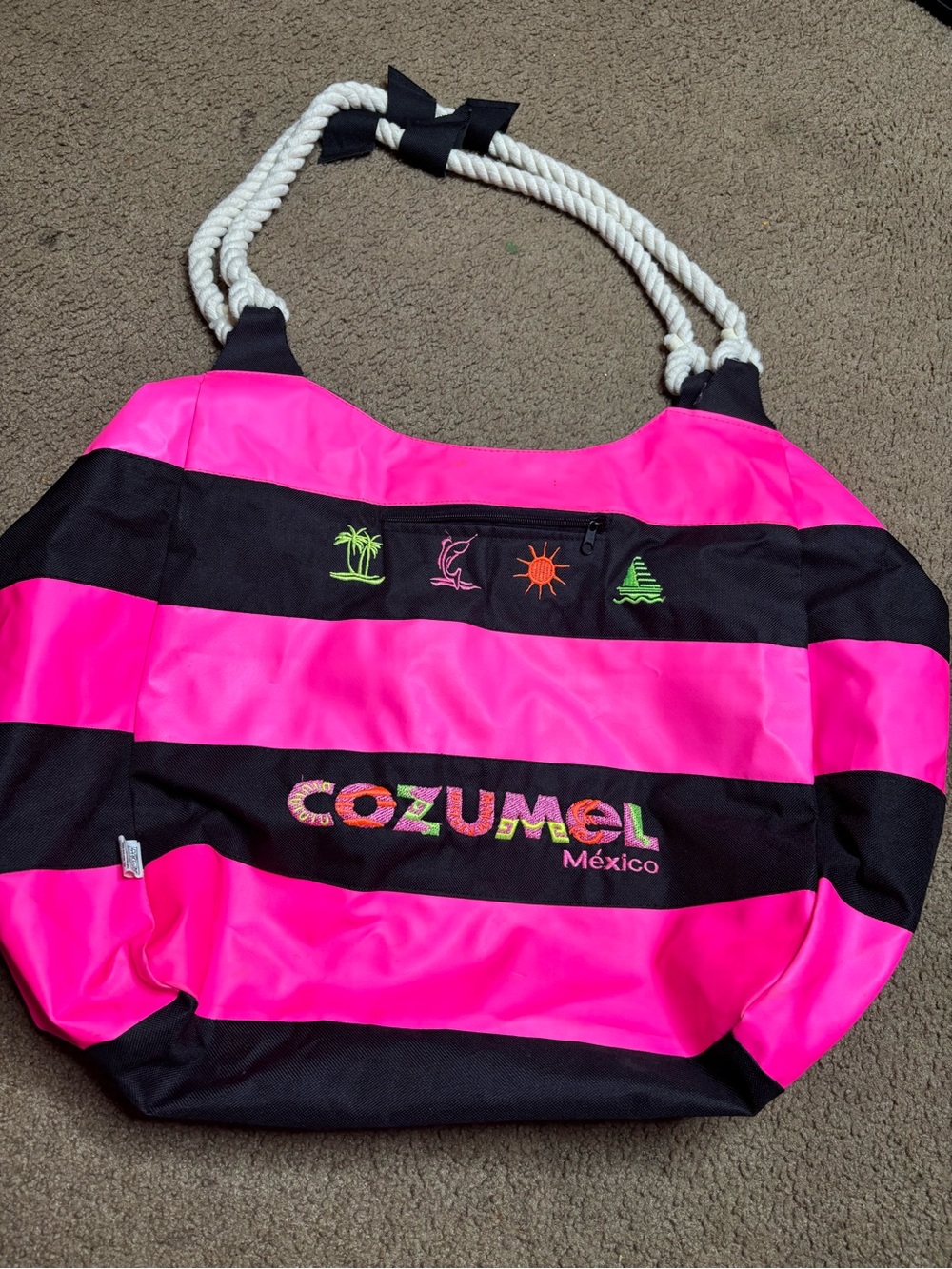 Striped Pink & Black Coastal Tote with Rope Handles